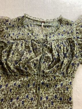 Free People Olive Green Floral Smocked Blouse with Blue Accents